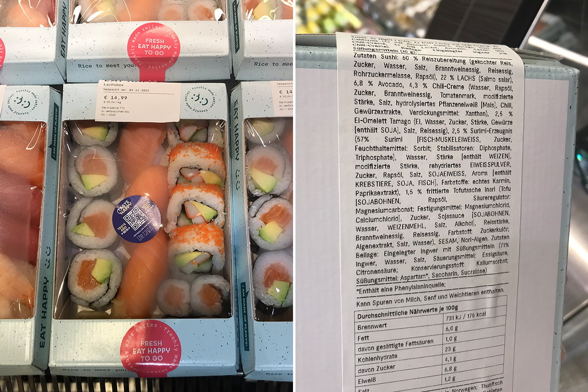 Food Solutions: Product labeling sticker on a take-away packaging with sushi, also serves as a sealing label due to its corner adhesive.