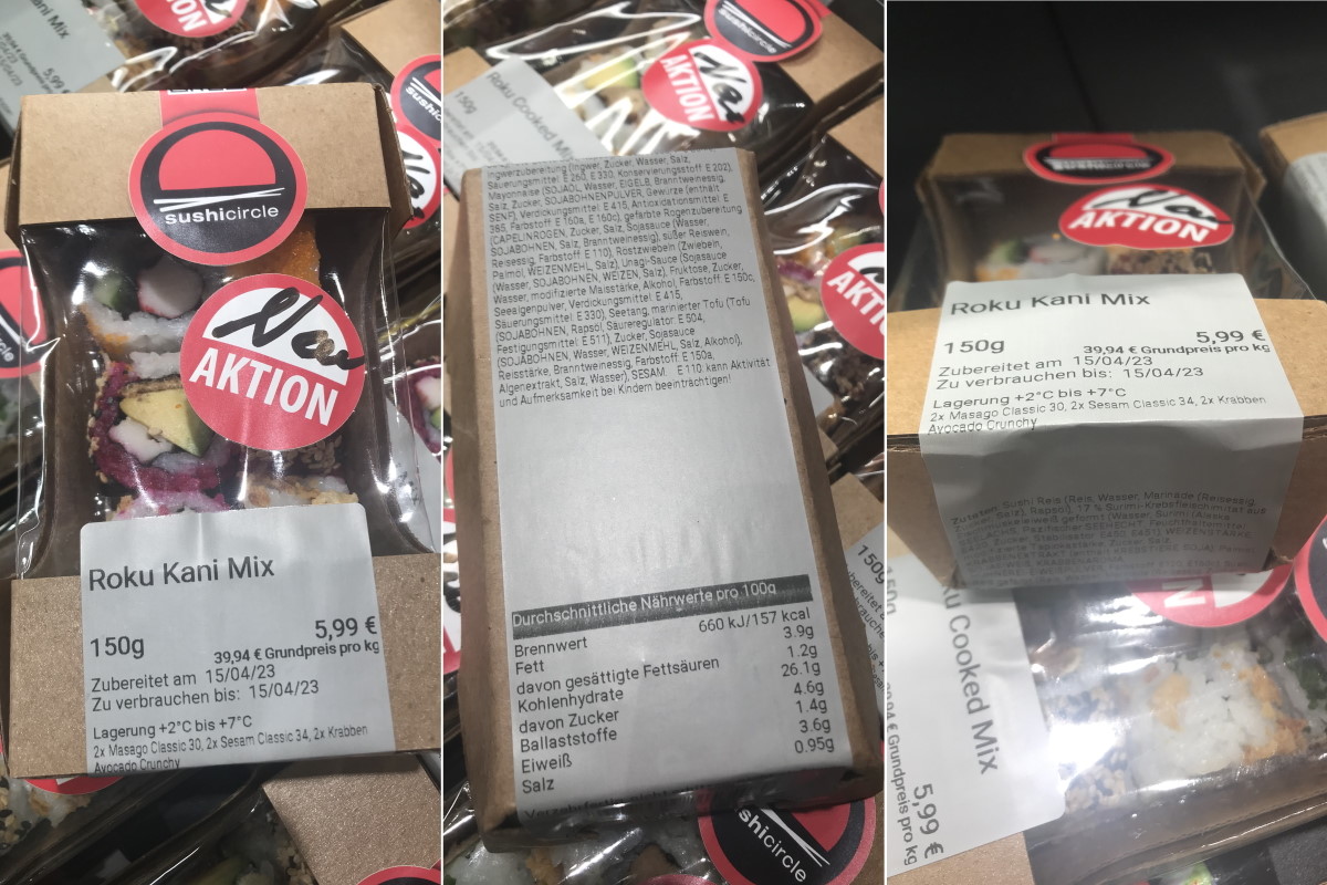 Food Solutions: Product labeling sticker on a take-away packaging with sushi, also serves as a seal sticker due to its corner adhesive.