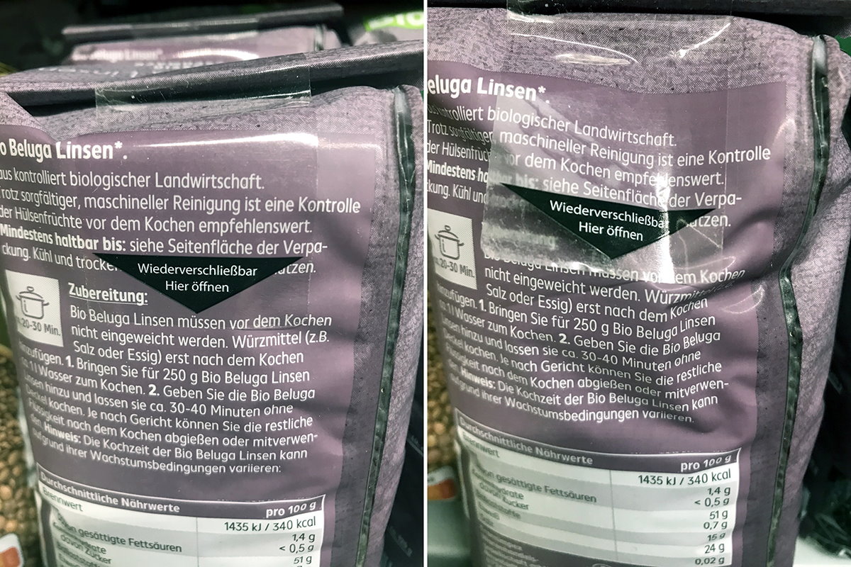 Sealing labels: transparent resealable label with a colored pull tab, on a pouch packaging with lentils.