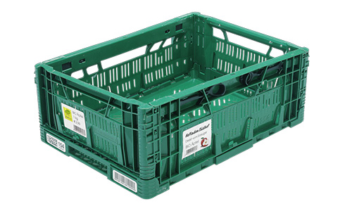 Green reusable container (hinged box), perfect for labeling with removable labels.