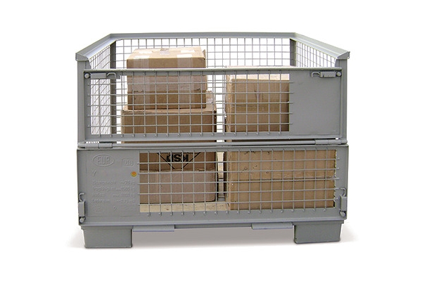 Steel grid box with a surface for attaching identification labels.