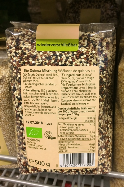 Printed product label and resealable label on a grain packaging.