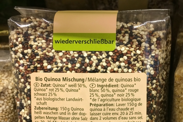 Printed product label and resealable label on a grain packaging.