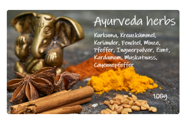 Order roll labels online in digital printing: Ayurveda Herbs label, rectangular