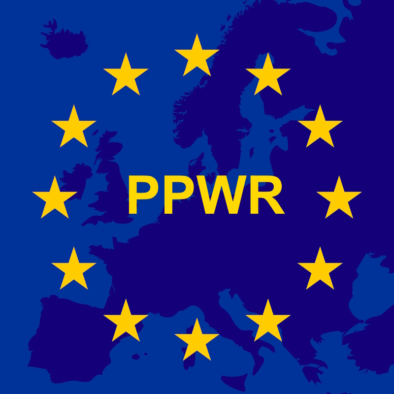 Blue background design featuring a map of Europe with yellow stars. In the center is the text 'PPWR'.