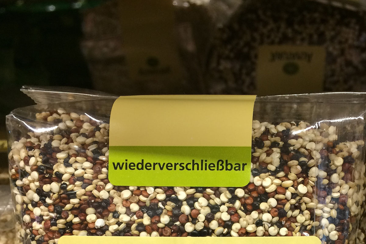Closure labels: printed resealable labels on a grain packaging.
