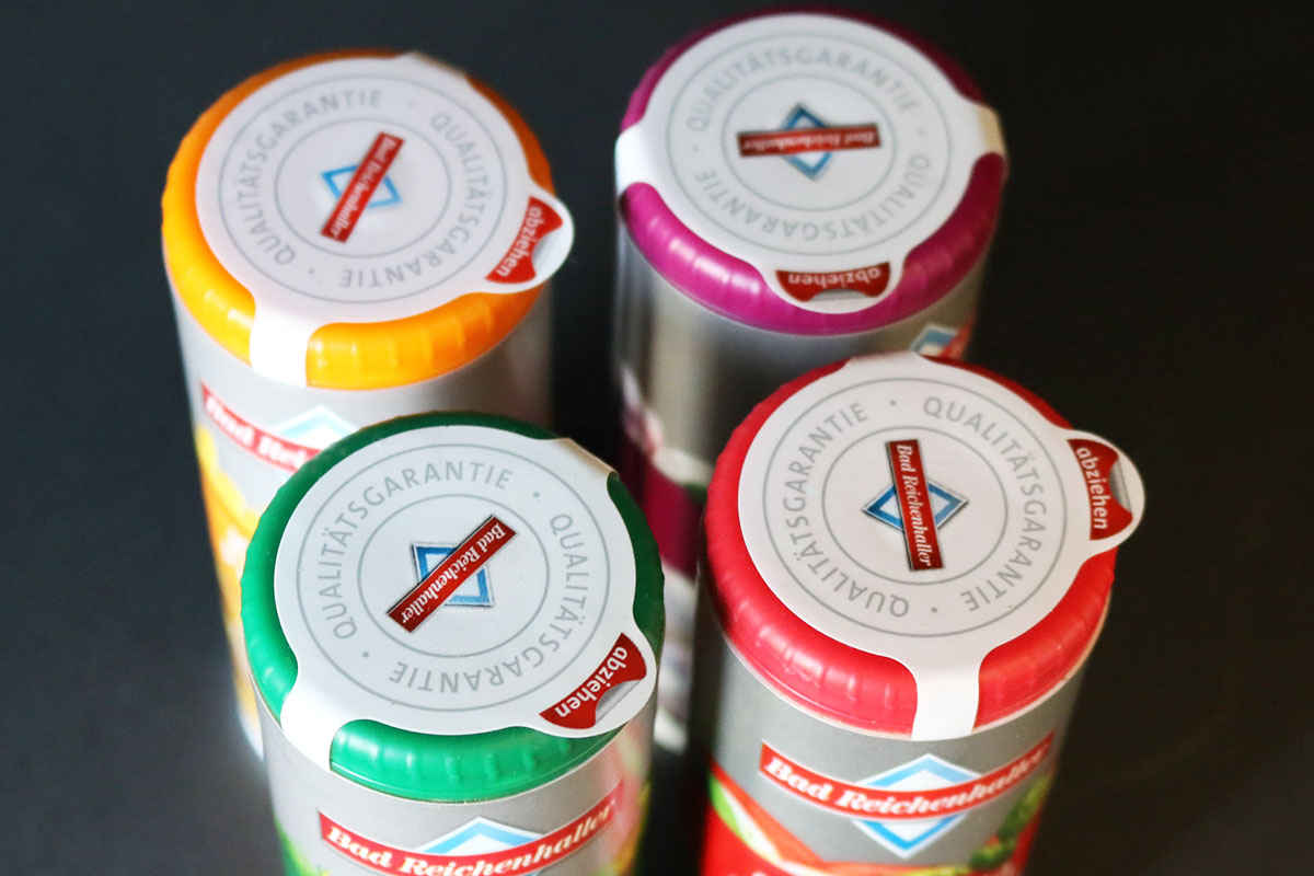 Closure Labels: Colorful top closure label on salt dispenser from Bad Reichenhaller