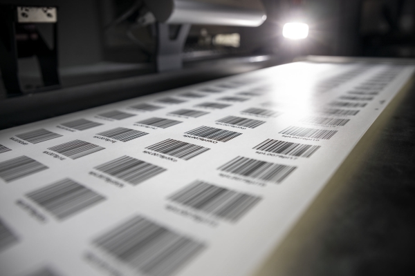 HERMA barcode labels with consecutive numbers, label roll in the digital printing machine.