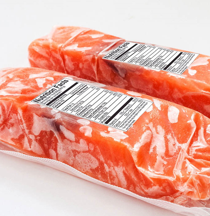 Food label on salmon packaging made of foil