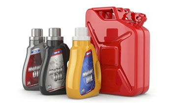 Various bottles of motor oil in different colors, next to a red fuel can.