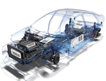 Transparent depiction of a car showing the internal components and chassis, including the engine and drivetrain. Parts labeled accordingly.
