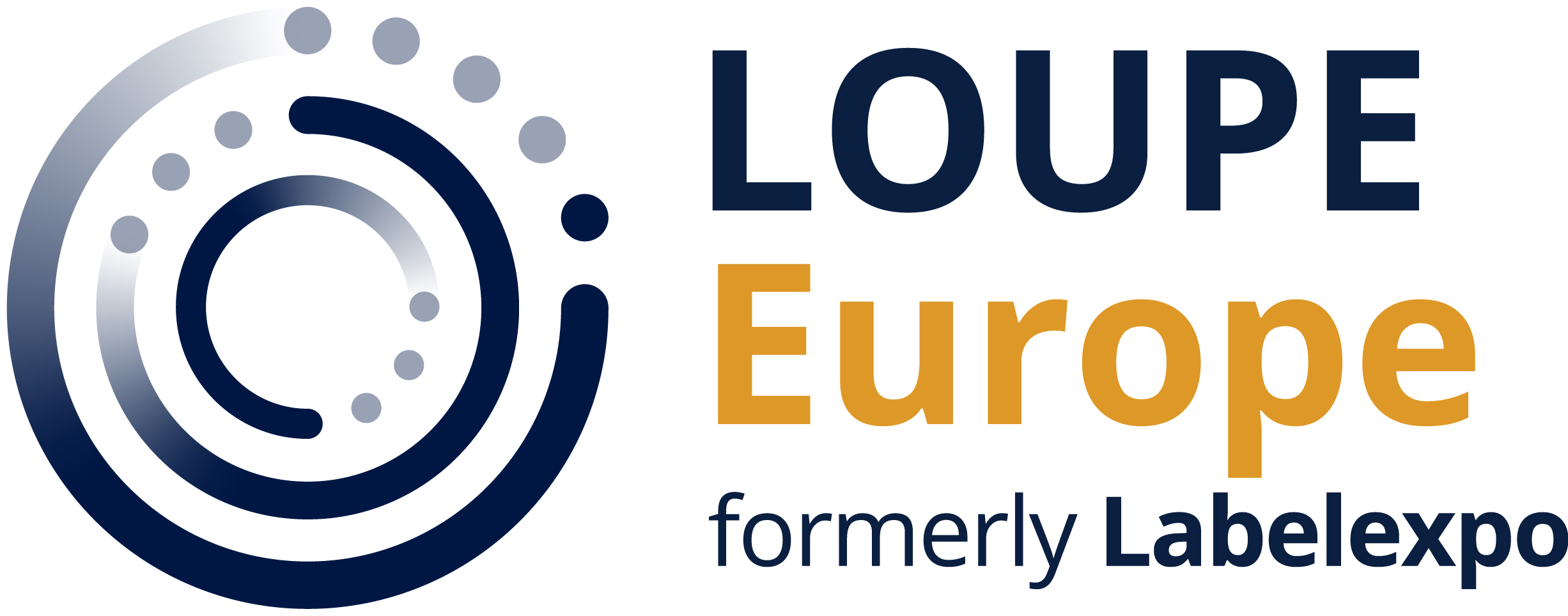 LOUPE Europe logo, formerly Labelexpo, featuring a graphic element in the shape of a circle with the text in blue and orange.