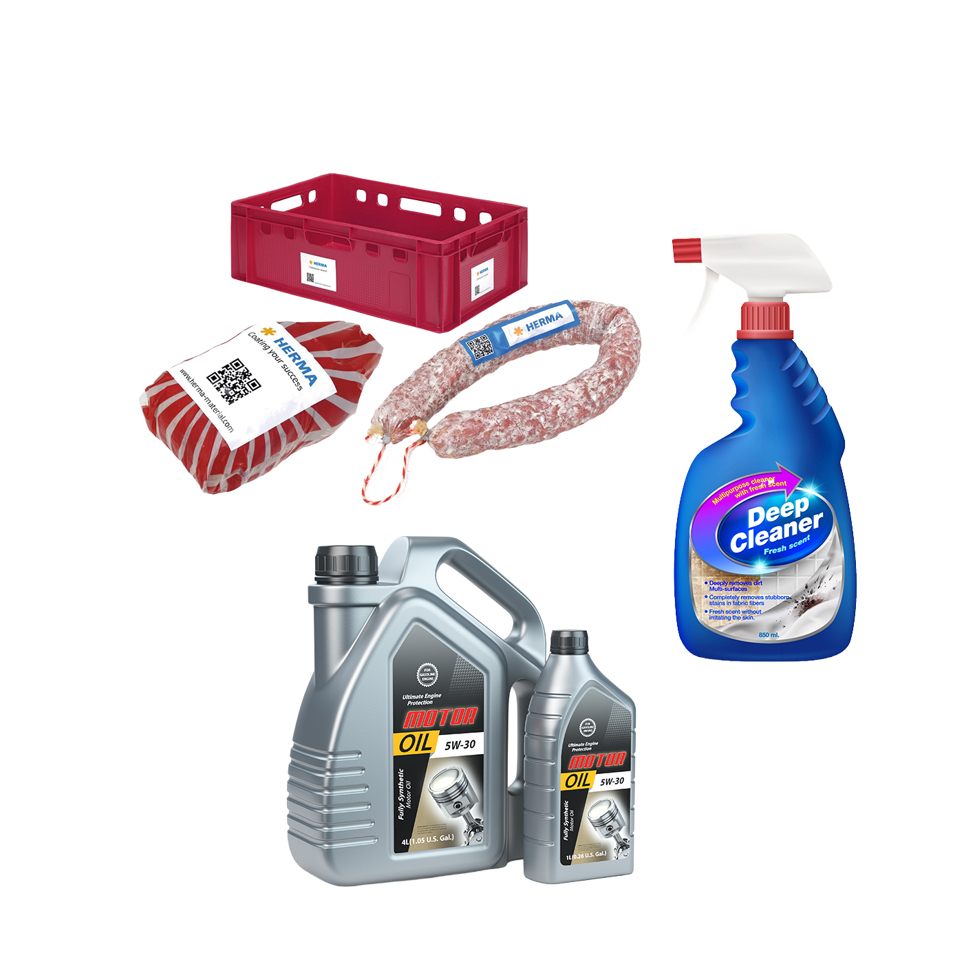 Oil bottles, a deep cleaner, a sausage, and a red container are arranged. Household and automotive products are visible.