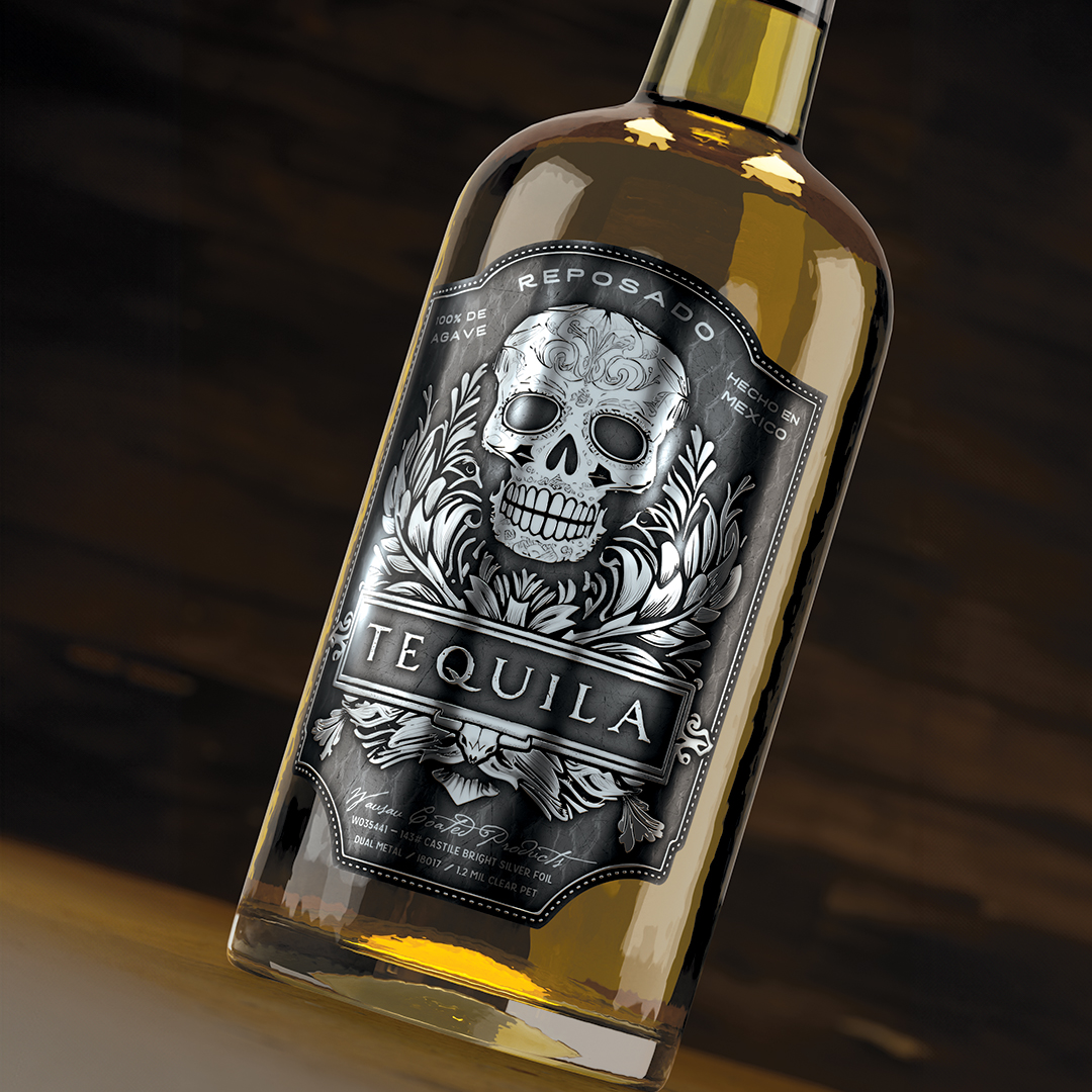 Bottle of tequila with an artistic label featuring a skull and decorative elements. The word 'Reposado' is clearly visible.