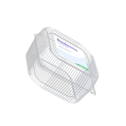 Transparent packaging for blueberries with a label that displays the product name 'Glaubereren.