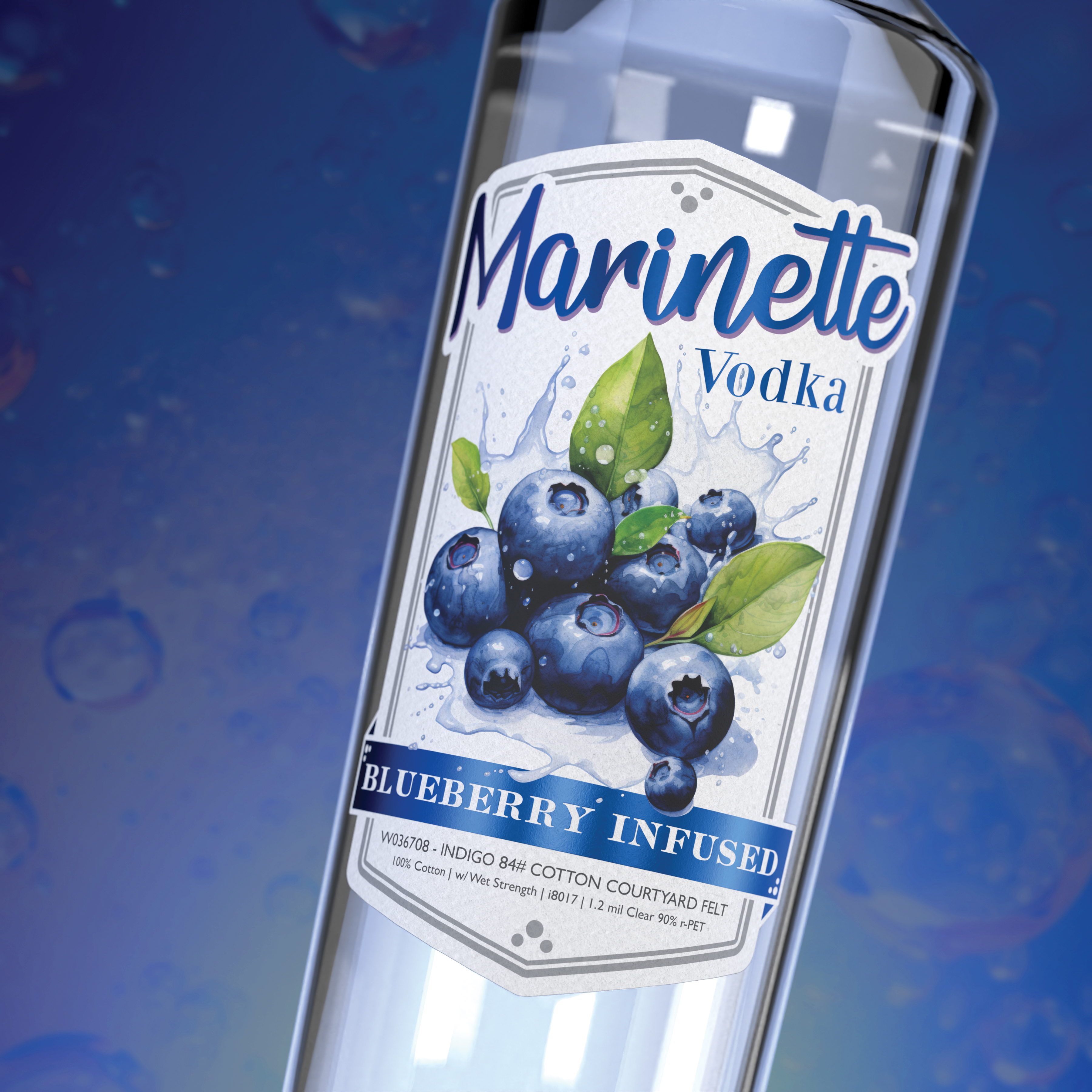 Marinette vodka bottle with a label featuring blueberries and the text 'Blueberry Infused.