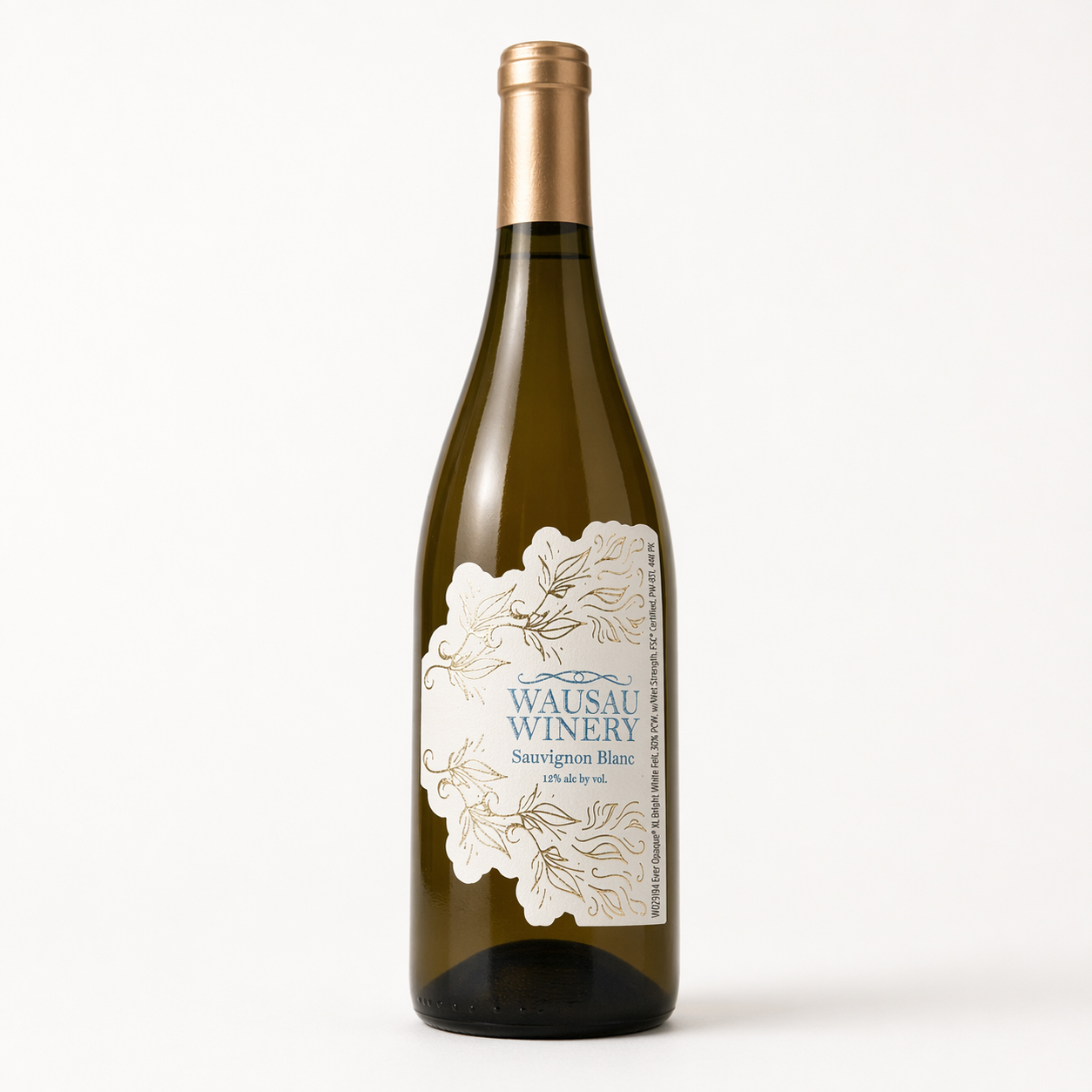 A bottle of Sauvignon Blanc from Wausau Winery with an elegant label and a golden cap.