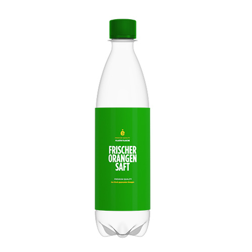 Bottle of fresh orange juice, green labeling, premium quality.