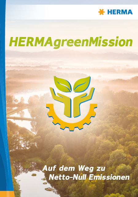HERMAgreenMission logo featuring plant and gear symbols, surrounded by a landscape with mist and water. Text: 'On the path to net-zero emissions.