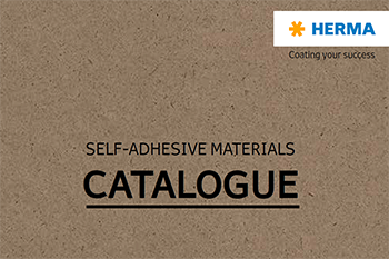 Catalog for self-adhesive materials featuring the Herma logo and the slogan 'Coating Your Success.