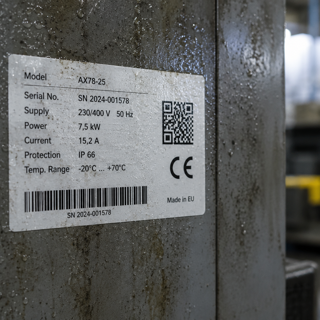 Nameplate of a device with model AX78-25, serial number SN 2024-001578, technical specifications, and CE marking.