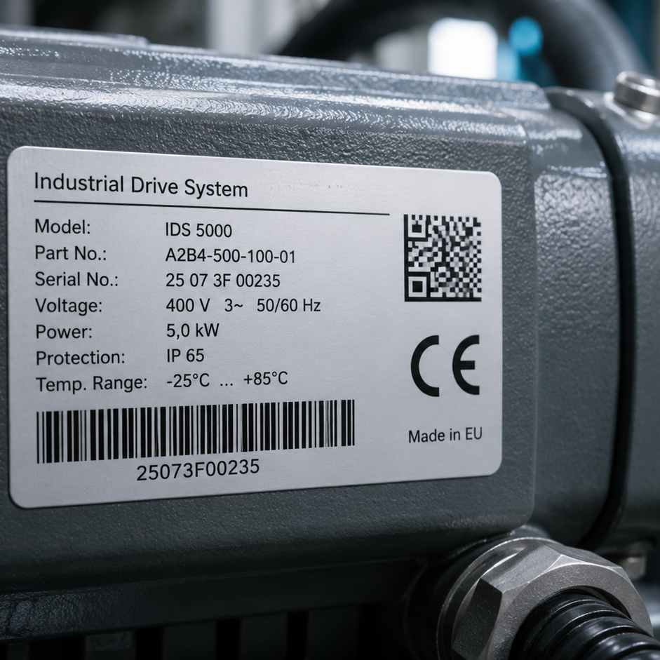 Industrial drive system with model number IDS 5000, voltage 400 V, power 5.0 kW, protection class IP 65, temperature range -25°C to +85°C.