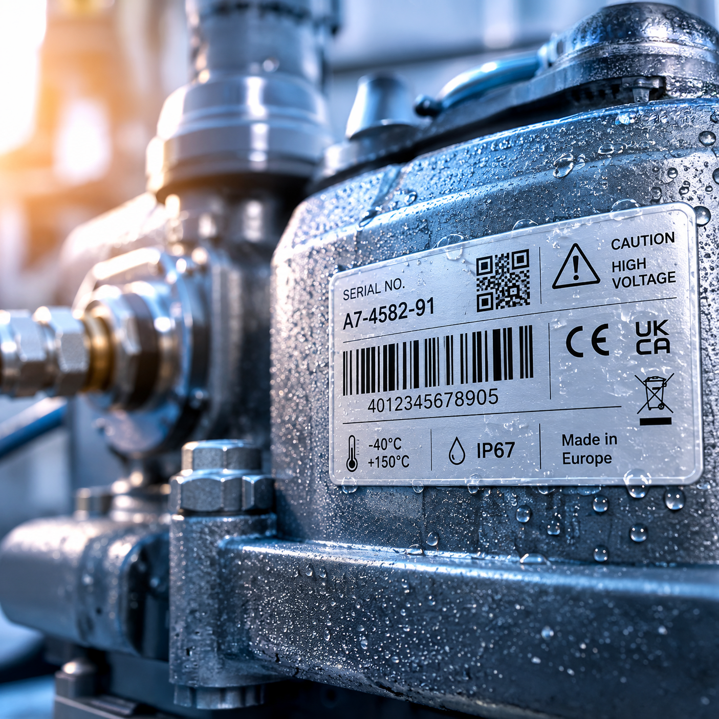A high-voltage pump unit with a label that includes the serial number, warning notices, and technical specifications.