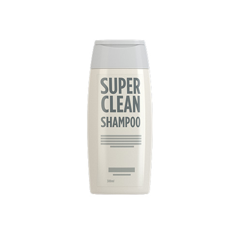 Bottle of shampoo labeled 'SUPER CLEAN SHAMPOO,' containing 300 ml.