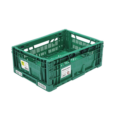 Green plastic crate with open sides and bottom, suitable for the storage or transport of goods.