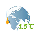 World map with a thermometer showing a temperature of 1.5°C, symbolizing the global temperature rise.