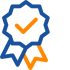 A blue gear with an orange checkmark in the center, surrounded by an orange circle.