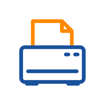 A printer with a sheet of paper just coming out. The colors are orange and blue.