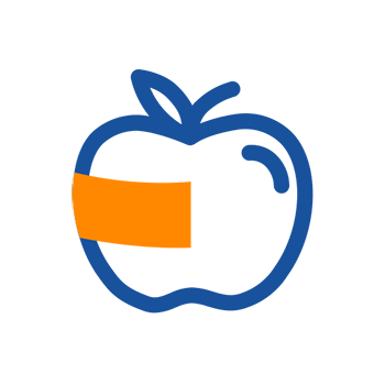 A stylized apple symbol with an orange ribbon covering part of the apple.