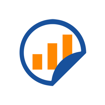 A blue circle with an orange bar chart displaying three ascending bars and a rounded bottom edge.