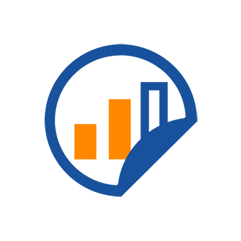 A blue symbol with a circle that represents a chart with orange bars.