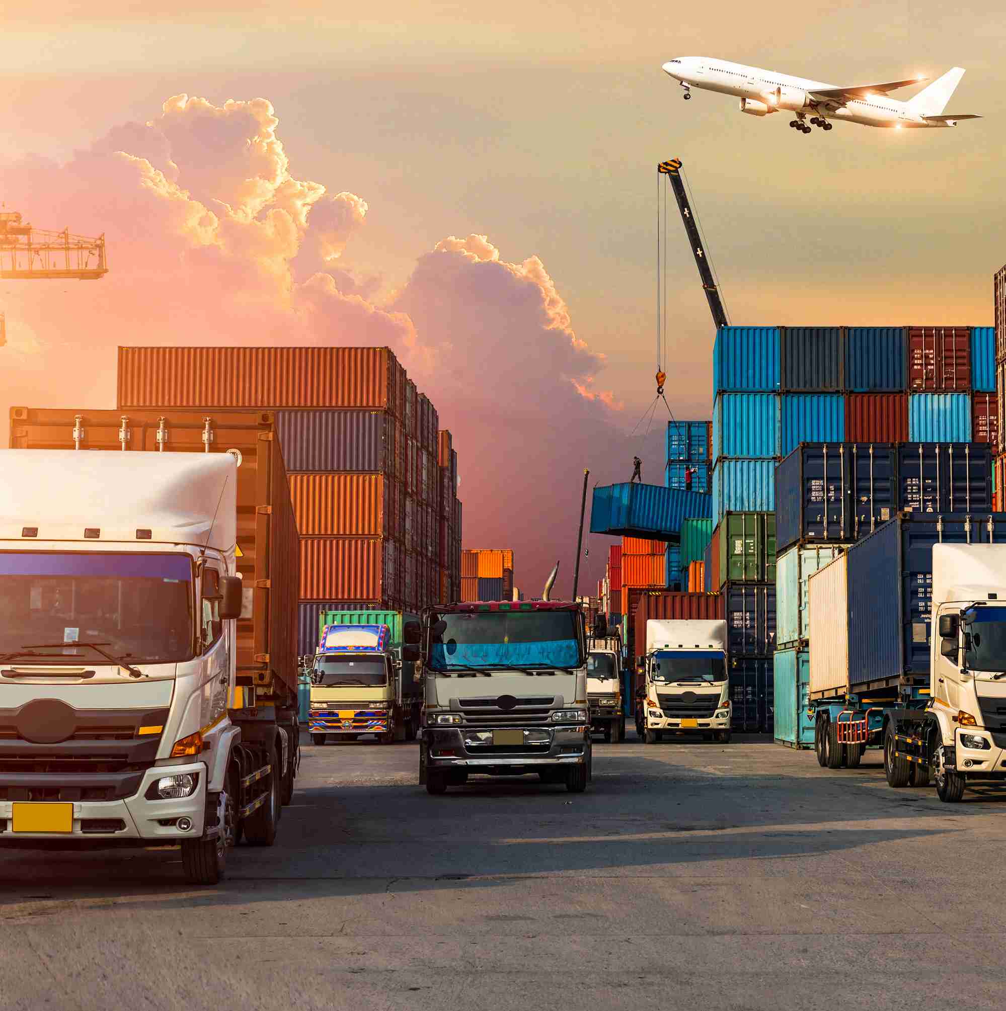 Trucks and containers at the port with an airplane flying overhead while a crane lifts containers.