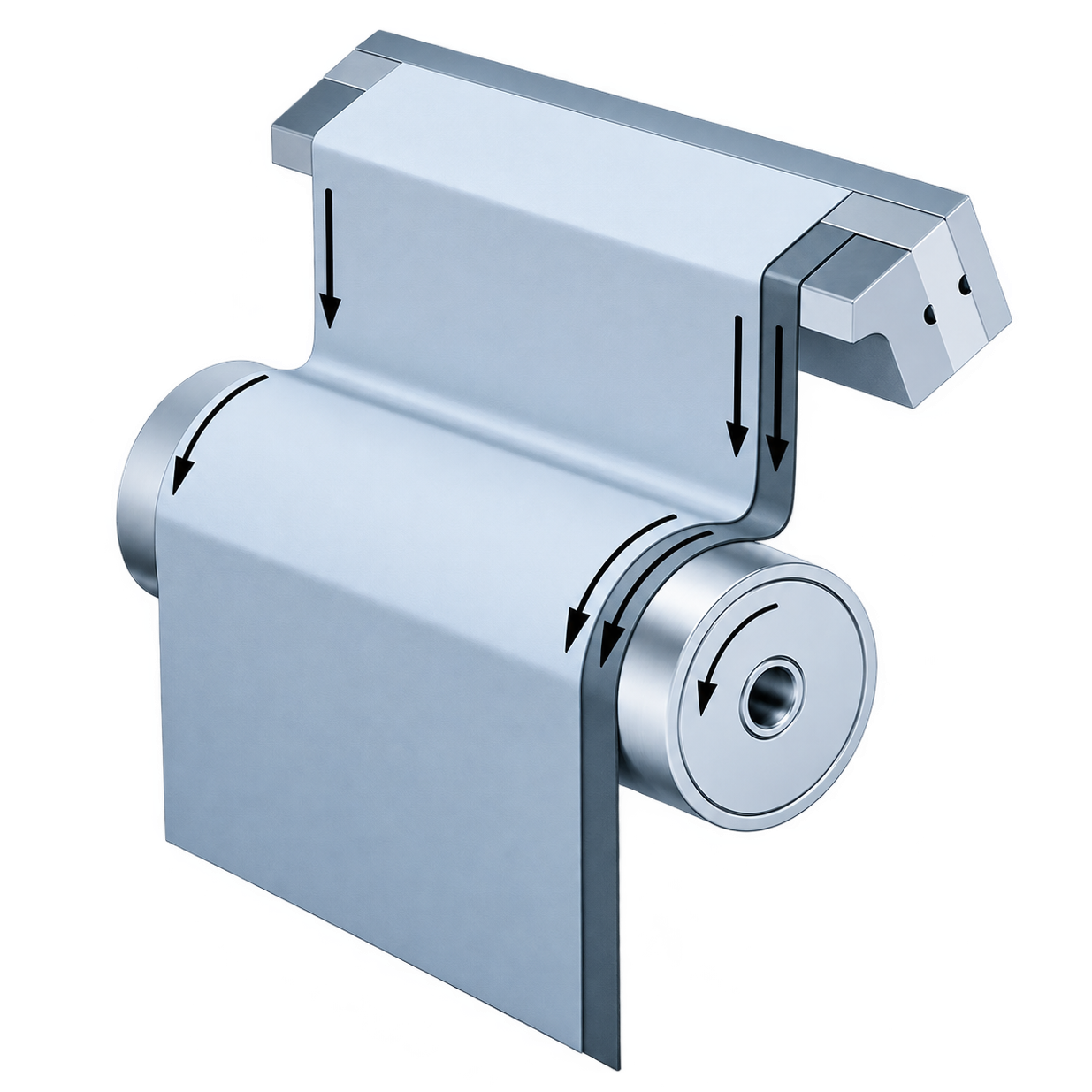 Technical component with a rotating axis and two movable parts, indicated by arrows showing the direction of movement.