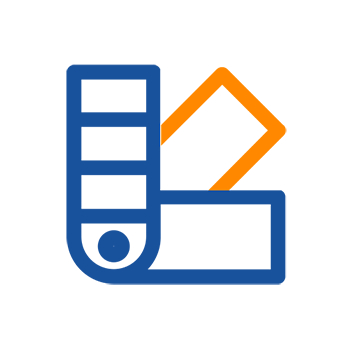 A graphic symbol featuring a color palette, a rectangle, and an arrow, representing creative design elements.
