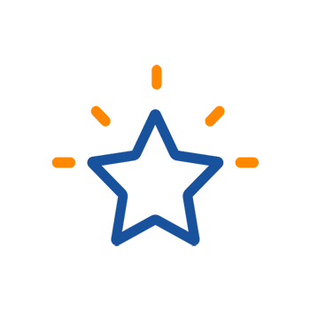 A blue star with orange rays arranged around it may symbolize success or reward.