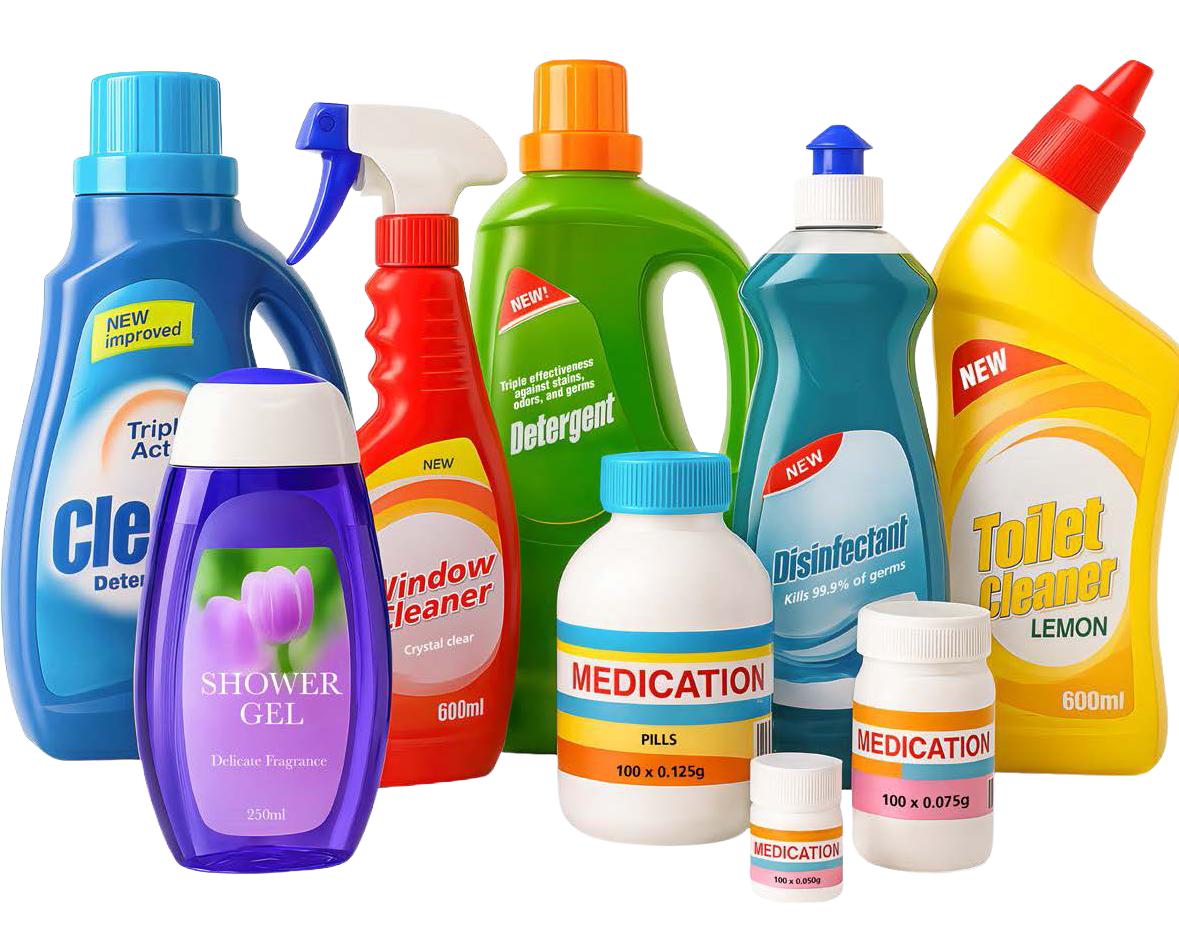 Cleaning and care products, including laundry detergent, window cleaner, disinfectants, shower gel, and medications in various bottles and containers.