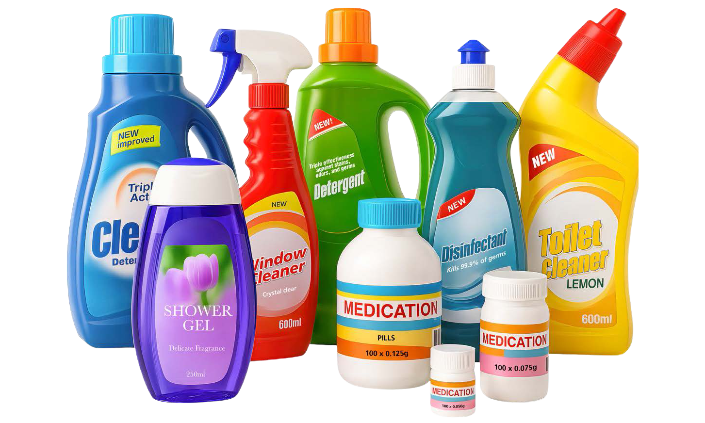 Various cleaning products and medications in bottles, including window cleaner, toilet cleaner, and shower gel.