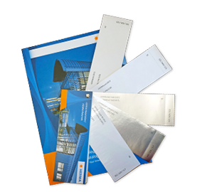 A stack of envelopes and a document folder designed in blue and orange colors.