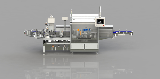A modern labeling machine with a control panel, designed for industrial applications. It features various components and conveyor belts.