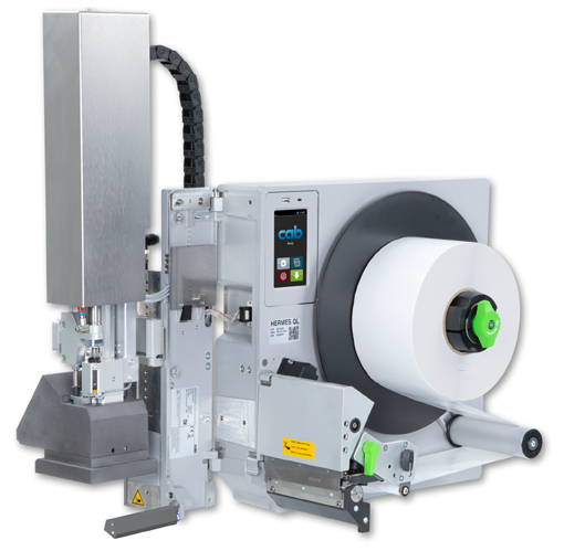 Labeling machine HERMES QL by cab for HERMA InNo-Liner label material: innovative, initially non-adhesive, silicone-free shipping and logistics labels without backing material, combined with proven print dispensing technology.