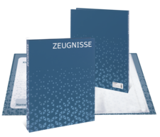 Two blue folders titled 'TESTIMONIALS' are placed on a white sheet that has space for personal information.