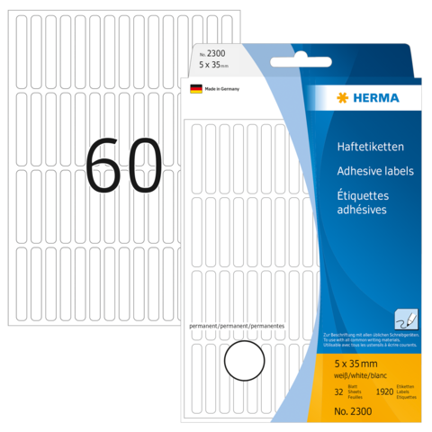 Haftetiketten von Herma, 5 x 35 mm, 32 Etiketten pro Bogen, insgesamt 1920 Etiketten, mit der Nummer 60 auf dem Bogen.
