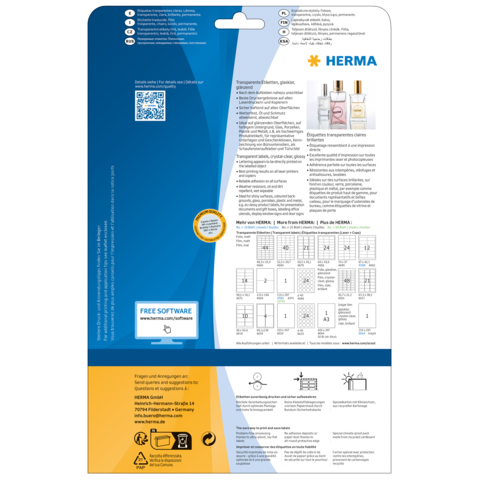 Rückseite einer Verpackung mit Informationen zu HERMA Produkten, einschließlich Anweisungen und einem QR-Code für kostenlose Software.