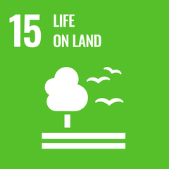 Symbol for Goal 15 of the UN Sustainable Development Goals: Life on Land, represented by a tree and birds against a green background.