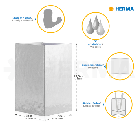 Stabiler, faltbarer Kartonbehälter in Silber, 13,5 cm hoch und 8 cm breit, abwischbar und mit stabilem Boden.