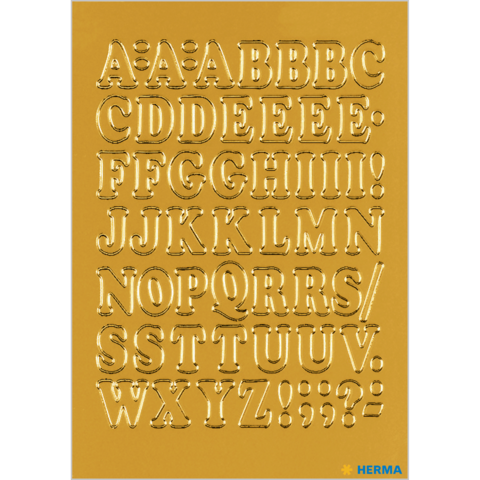Goldene Buchstaben und Zeichen auf gelbem Hintergrund, einschließlich des gesamten Alphabets und Satzzeichen.